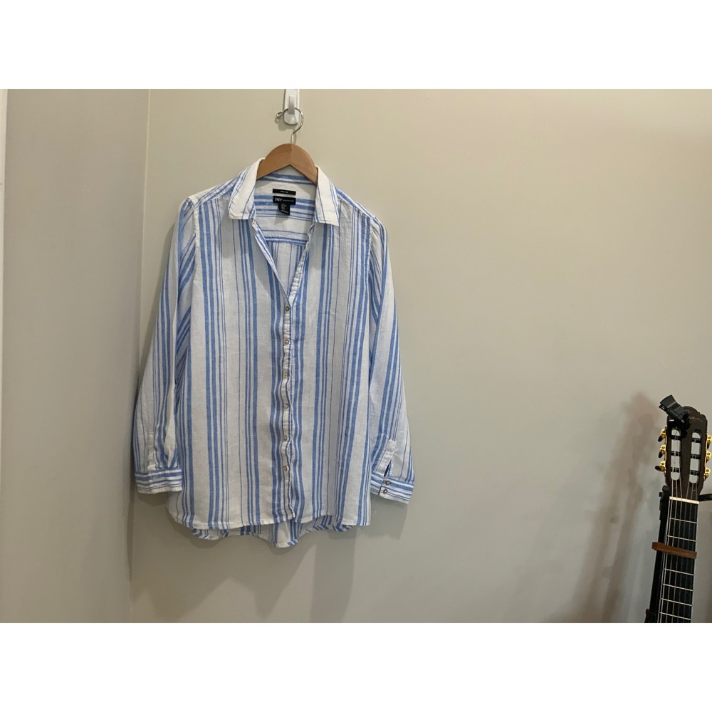Jones New York 100% Linen Striped Roll Tab Button Down Shirt Blue White Large
